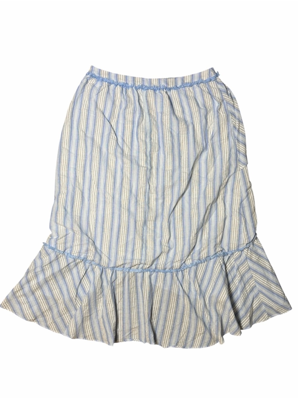 Moon River Blue Striped Ruffle Midi Skirt Size L Coastal Boho Cottagecore - Picture 3 of 7